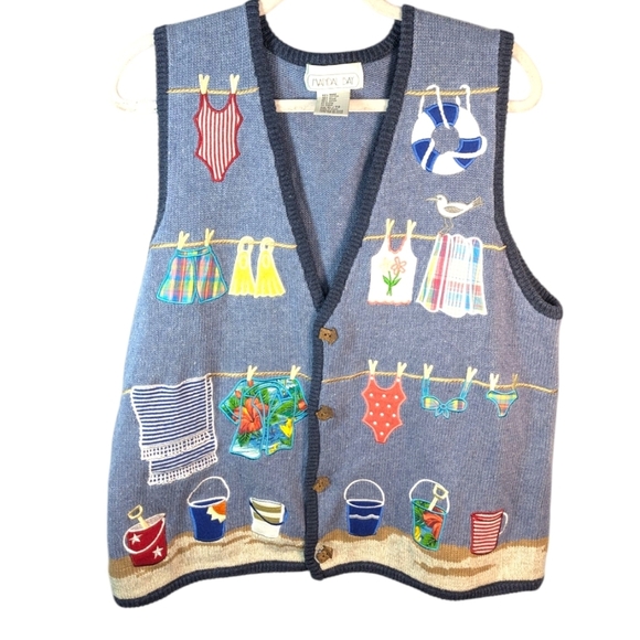 Vintage Jackets & Blazers - Vintage Mandal Bay nautical beach clothesline swimsuit cute grandma vest XL